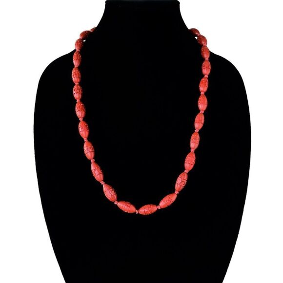 Vintage Chinese Carved Cinnabar Bead Necklace - Picture 2 of 6